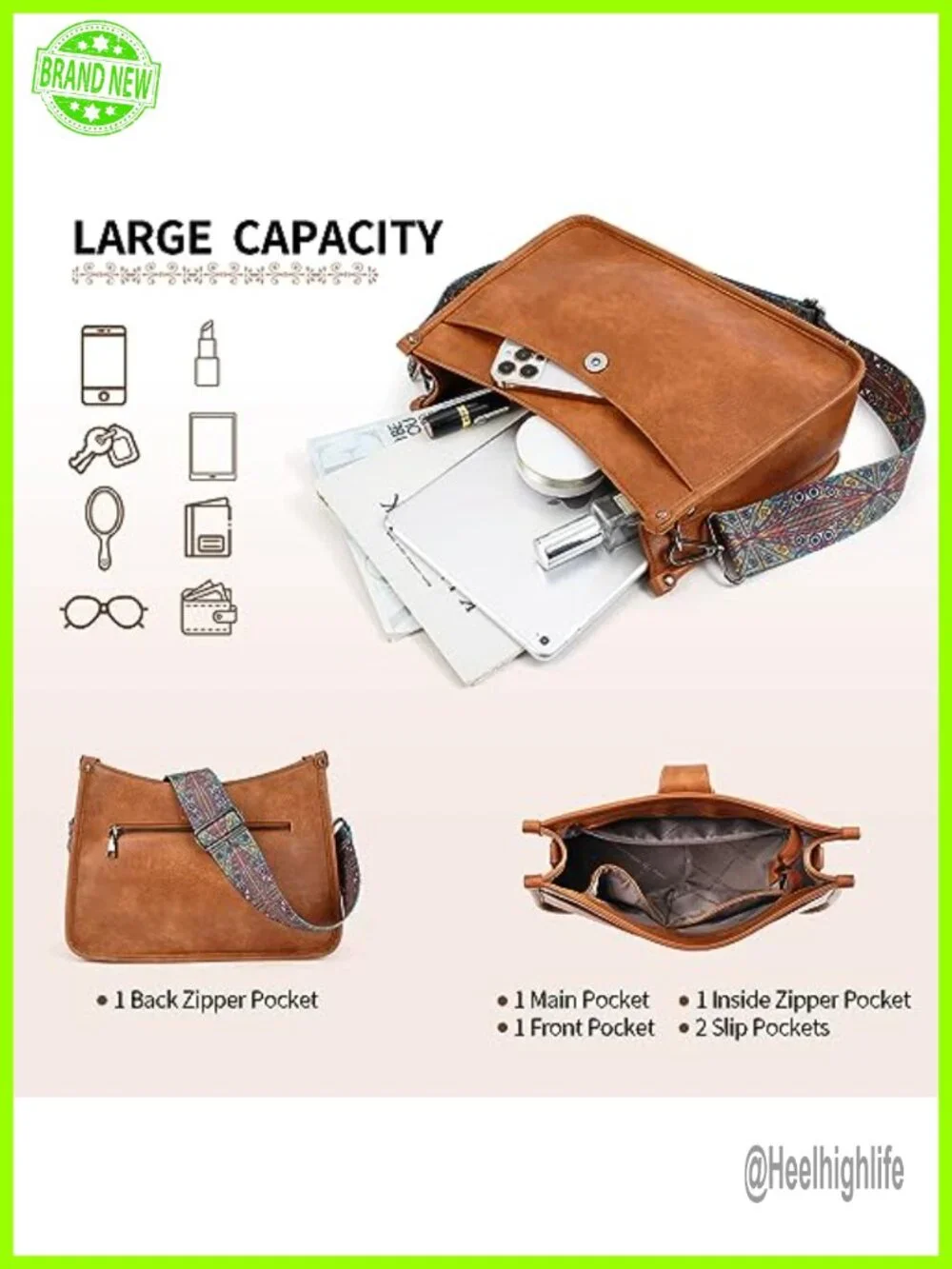 Vegan Leather Hobo Crossbody Bag with 2 Straps, Large Capacity Purse
